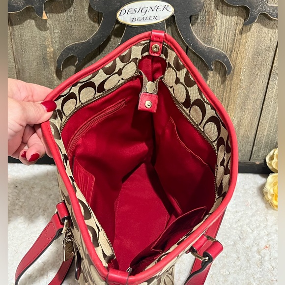Coach Signature Canvas Tote Bag - Red and Brown - Picture 10 of 12